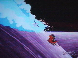 Snowman chases Courage, Eustace and Muriel through the snow