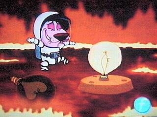 Courage is happy when he fixes the sun...with the correct lightbulb!